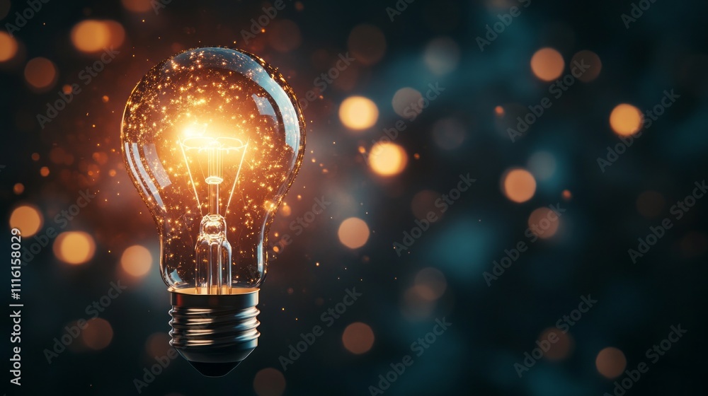 Poster a light bulb glows brightly against a dark, serene backdrop, surrounded by sparkling particles that 
