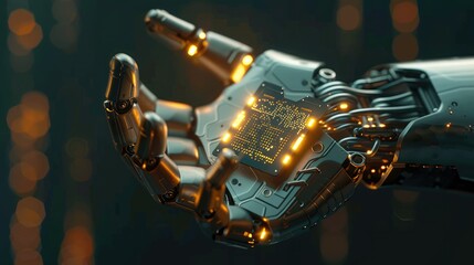 Futuristic Robotic Hand Holding a Microchip: Technological Advancement