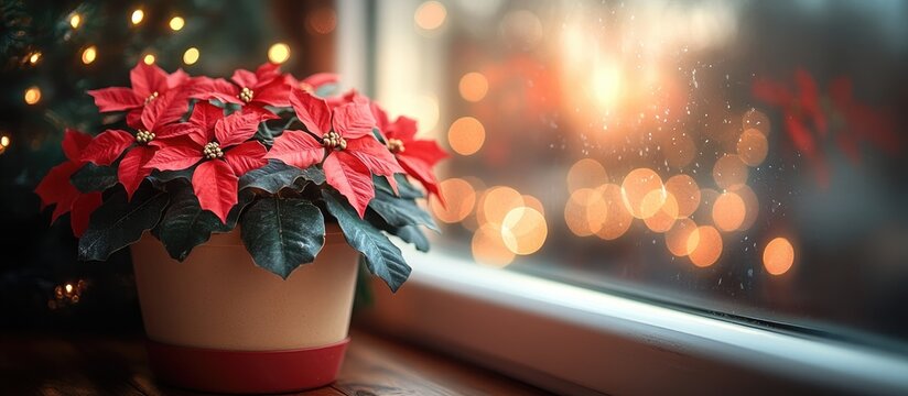 Cozy windowsill scene with vibrant Stromanta plant in a beige pot beside a festive red bucket and illuminated wooden fir tree.