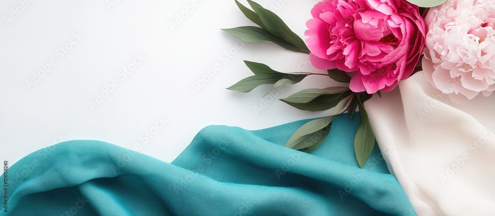 Poster three vibrant pink peonies on soft colorful fabric creating an elegant background with ample space f