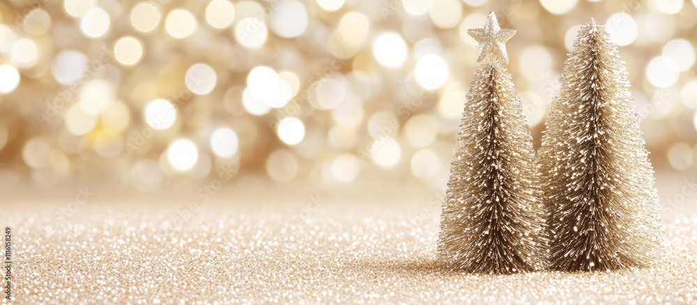 Poster golden glitters with miniature fir trees on a shimmering background creating a festive and enchantin