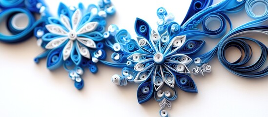 Intricate 3D snowflake origami crafted from blue and white paper quilling techniques showcasing handmade artistry and design elegance