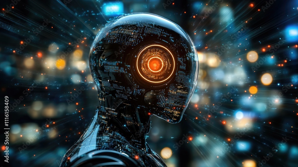 Poster futuristic ai chatbot concept with robotic figure representing advanced online interaction technolog