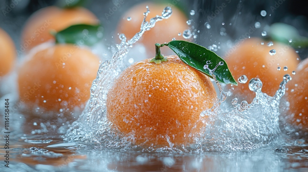 Poster Clementines splashing into water creating dynamic droplets and vibrant freshness in a bowl setting