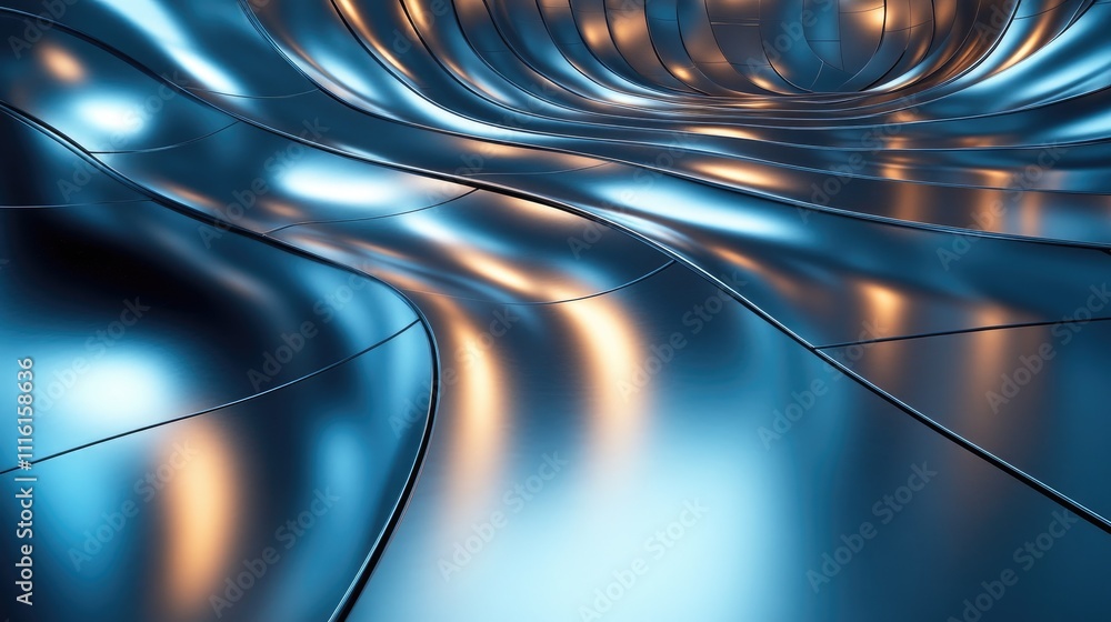 Poster Abstract metallic background with flowing lines and reflections in blue and gold hues creating a dynamic and futuristic atmosphere.