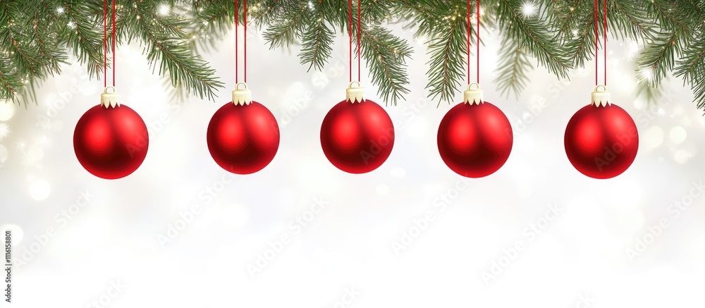 Poster festive red christmas baubles hanging from pine branches against a soft bokeh background with ample 