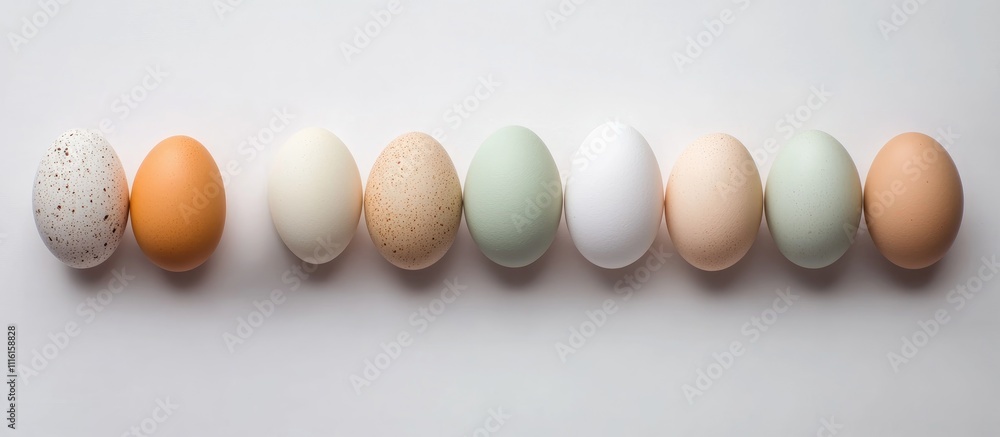 Poster colorful chicken eggs arranged in a line on a light grey background with ample space for text or bra