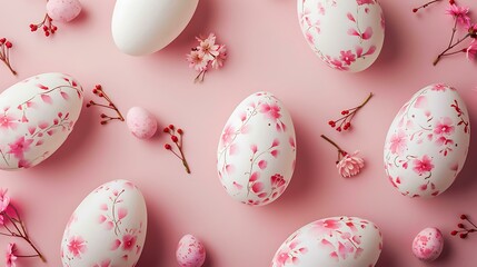 Obraz premium A delicate pattern of white Easter eggs featuring pink floral accents, arranged symmetrically over a muted pink background for a soft and harmonious effect