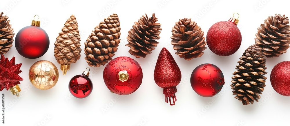 Aufkleber Christmas decoration backdrop with red ornaments and pine cones arranged on a clean white background for festive design projects.