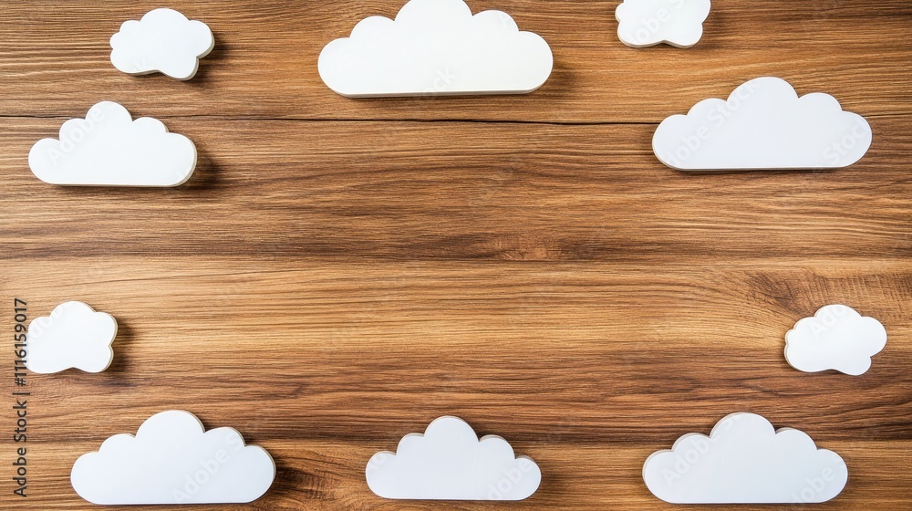 Poster cloud computing concept with white cloud shapes arranged on a wooden background creating a space for