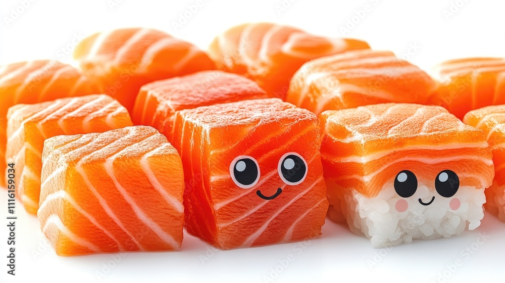 Poster cute sushi cube characters made from salmon displayed on a clean white background showcasing vibrant