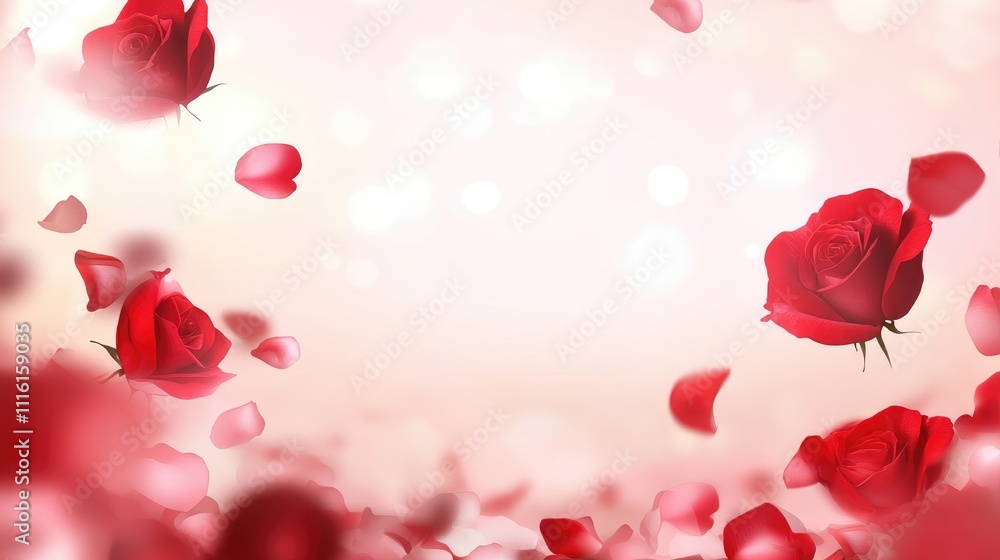 Poster elegant background of romantic red roses and falling petals symbolizing love and affection in a soft