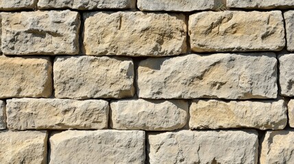 Fototapeta premium Textured sandstone wall featuring natural stone blocks in earthy tones ideal for architectural and design backgrounds.