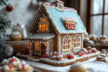 A gingerbread house decorated with icing numbers "2025" surrounded by festive treats.