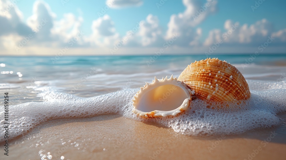 Poster seashell resting on sandy beach with gentle waves and clear sky in the background creating a serene 