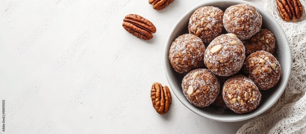 Aufkleber nut cookies in a bowl on pastry table with pecans and light background top view delicious healthy sn