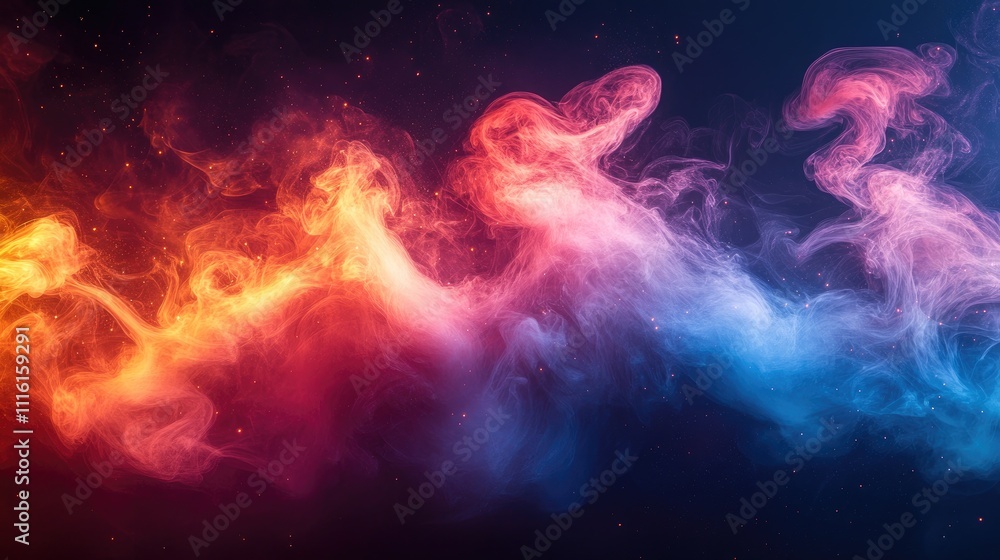 Poster vibrant swirling smoke in shades of red orange and blue on a dark background creating a dynamic abst