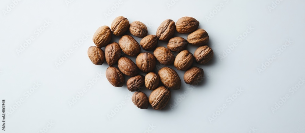 Poster heart shape made from walnuts arranged on a clean white background creating a rustic and organic aes