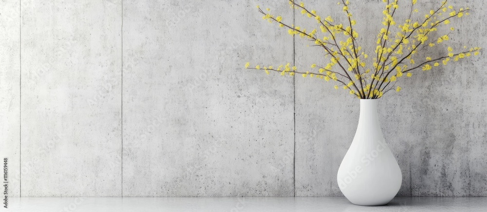 Aufkleber mimosa branches in a white vase on a gray stone surface creating a serene spring still life composit