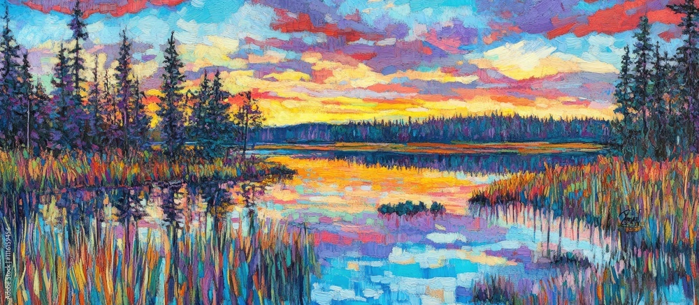 Poster vibrant abstract sunset over tranquil lake with lush trees and colorful reflections creating a seren