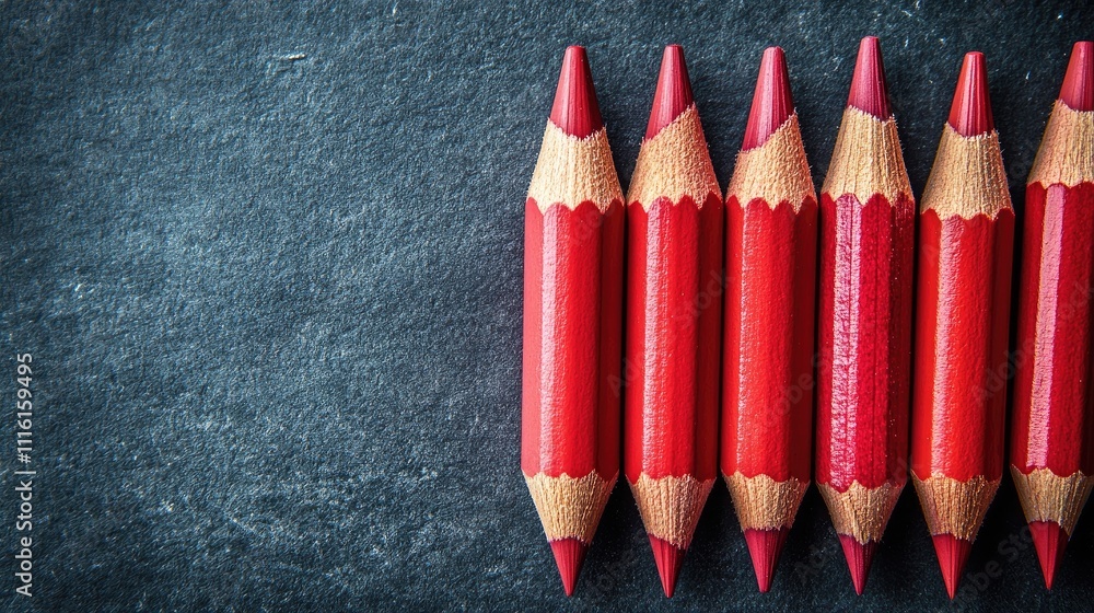Poster red colored pencils arranged on a dark textured background with space for text or design elements su