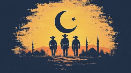 Silhouette of three cowboys walking forward