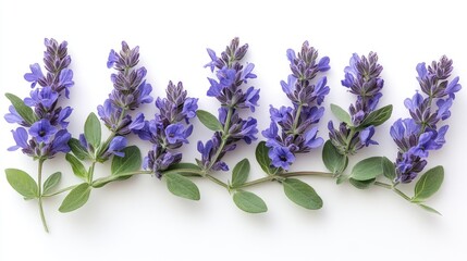 Obraz premium Vibrant twig of purple salvia with green leaves arranged symmetrically on a clean white background, botanical specimen, floral detail, nature, aesthetics.