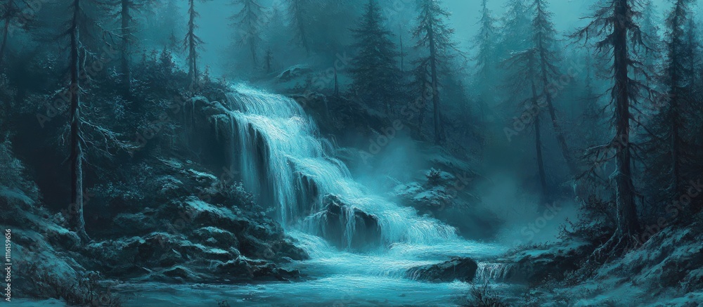 Poster serene waterfall cascading through dense forest with thick trees and steep cliffs in a tranquil mist