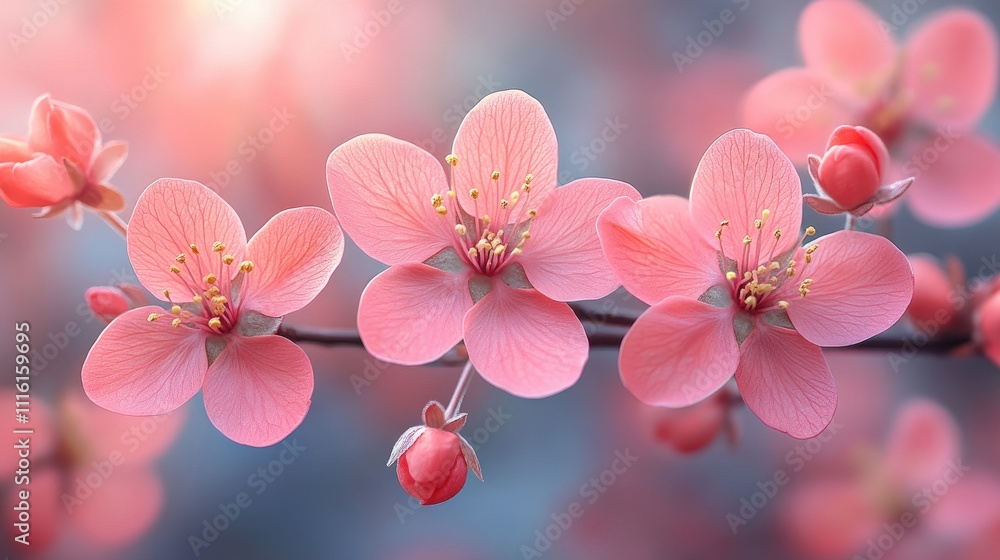 Poster spring floral border background with soft pink blossoms and delicate branches creating a serene and 