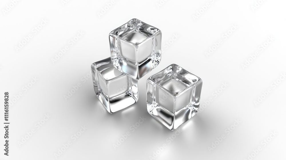 Poster three clear ice cubes arranged on a smooth white background, emphasizing transparency and reflection