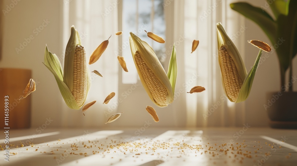 Poster floating fresh corn cobs with peeled kernels and seeds on a soft background showcasing vibrant textu