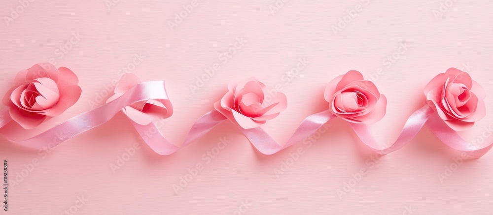 Aufkleber gift box with pink wrapping and ribbon on soft pink background decorated with rose pattern and ribbo
