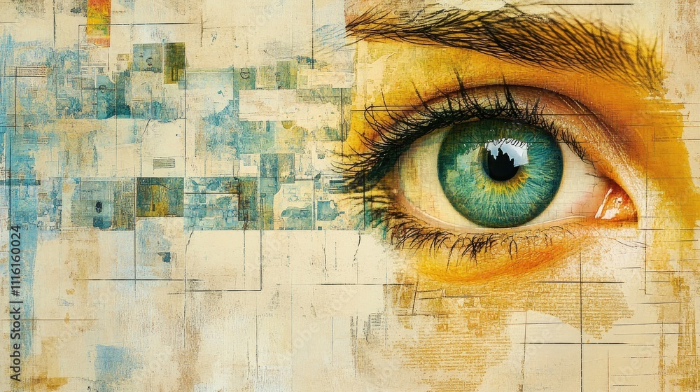 Poster eye with blue iris integrated into abstract digital design representing search and technology concep