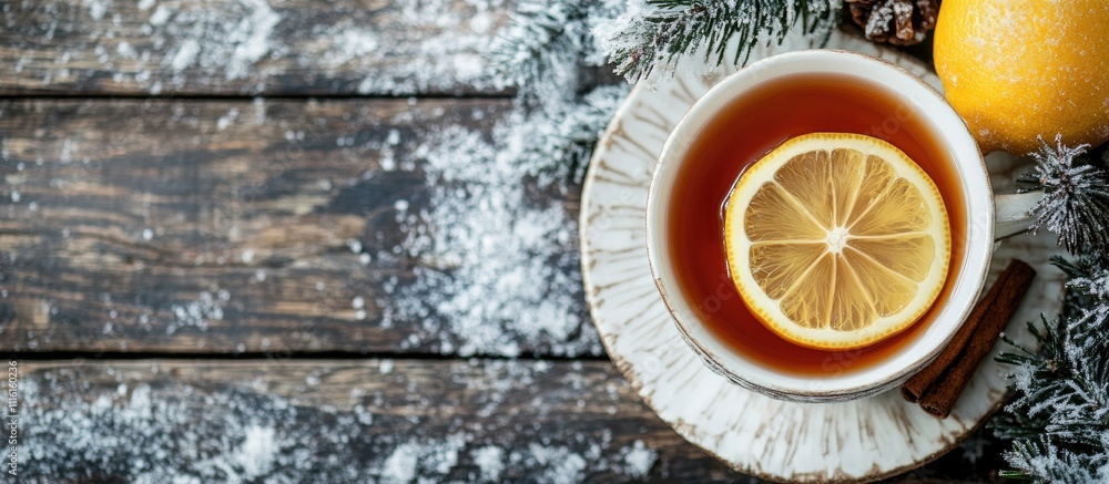 Poster cozy cup of tea with lemon and cinnamon in a rustic setting surrounded by snowy backdrop and copyspa