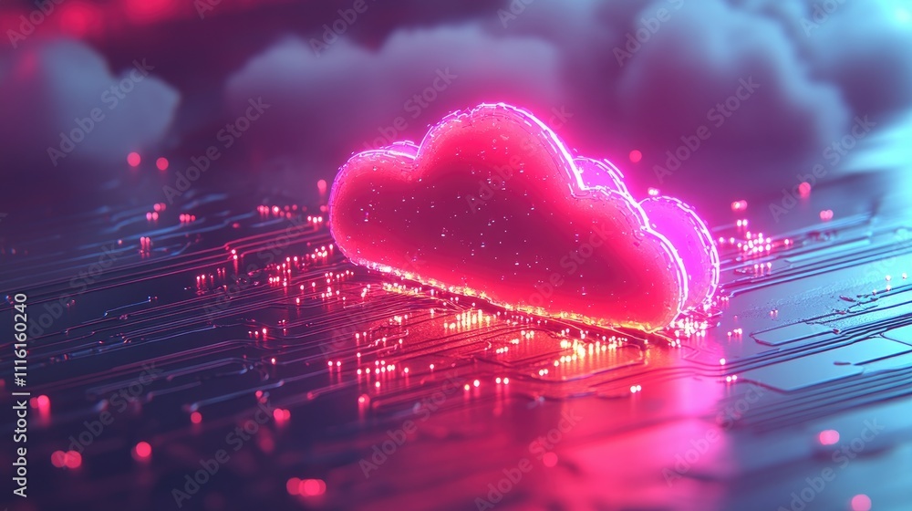 Poster digital cloud network concept with glowing neon cloud symbol representing software as a service and 