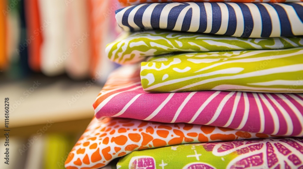 Aufkleber colorful stack of folded towels with abstract patterns arranged neatly for retail display, showcasin