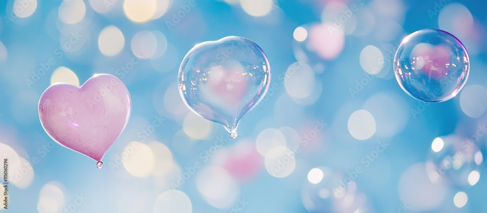Aufkleber valentine's themed floating bubbles and heart balloons against a dreamy blue background with soft bo