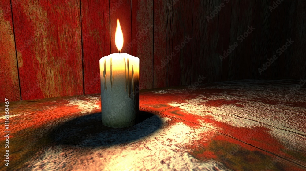 Poster Candle casting warm light in a dark rustic setting with dramatic shadows and vintage textures creating a cozy atmosphere