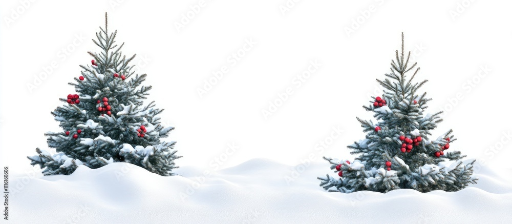 Poster snow covered fir trees decorated with red ornaments on a white background perfect for christmas and 