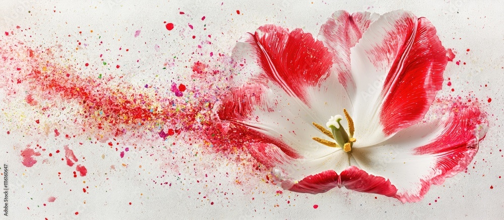 Poster vibrant red and white spring tulip with colorful confetti splashes creating an artistic and festive 
