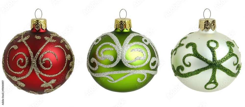 Poster christmas tree ornaments decorative set on white background with empty space for custom text or holi