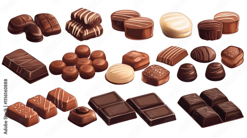 Poster assorted chocolate candies in various shapes and flavors on a clean white background ideal for confe