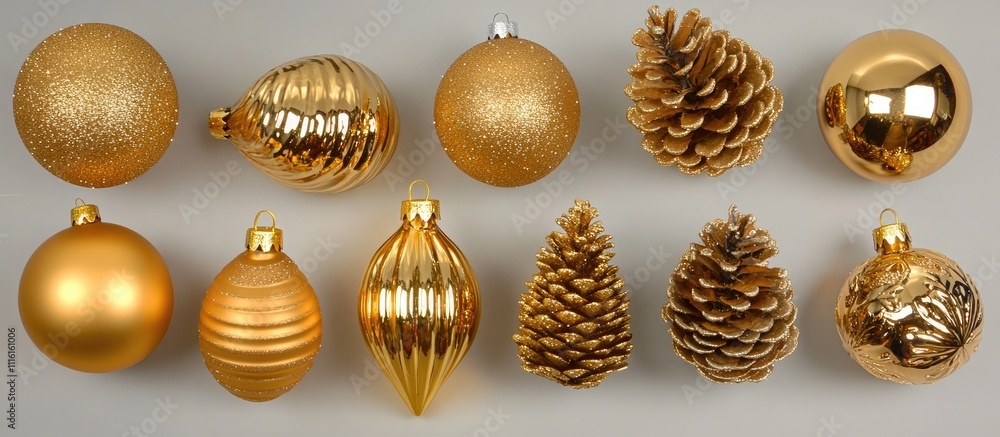 Poster golden christmas ornaments and pine cones arranged in a flat lay on a light grey surface showcasing 