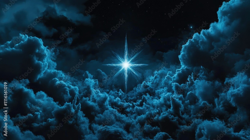 Aufkleber bright star shining through dramatic clouds in a night sky creating a serene celestial ambiance with