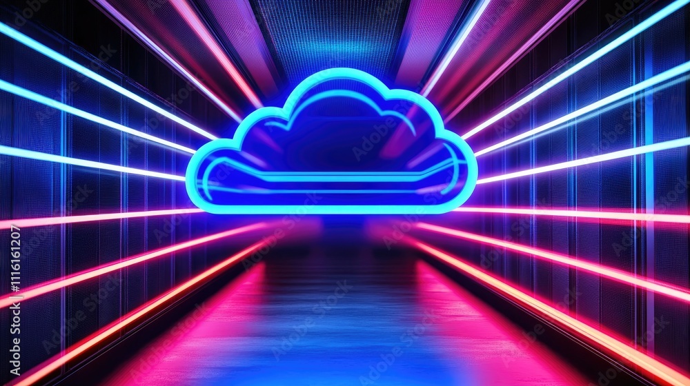 Poster Futuristic cloud technology concept with neon lights illuminating a data center portraying connectivity and cybersecurity in digital networks.