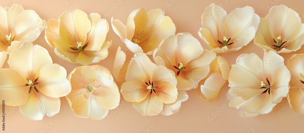 Poster sun flame tulips in soft peach tones arranged elegantly on a light background perfect for spring and