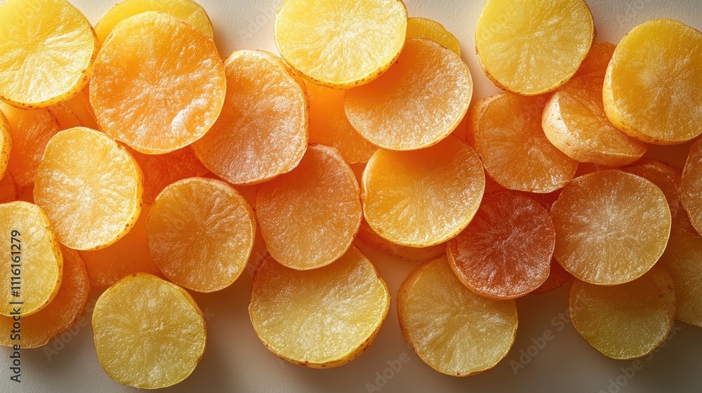 Poster sliced yellow potatoes arranged neatly on a clean white surface showcasing their texture and color f