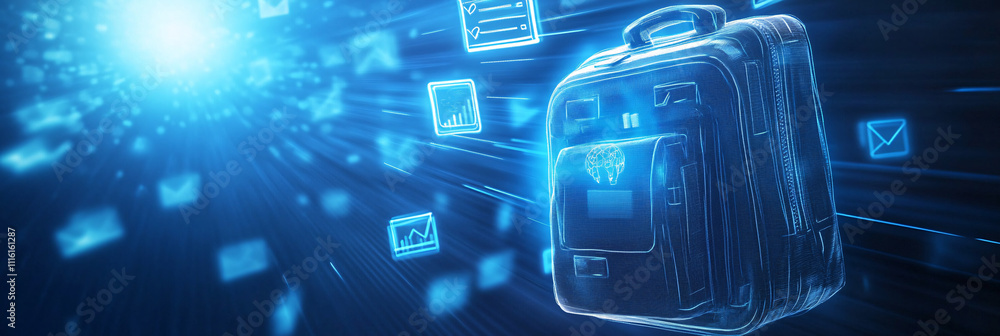 Poster a futuristic backpack icon emitting digital rays, with floating online learning tools, symbolizing e