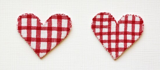 Obraz premium Checkered fabric hearts in red on a white background symbolizing love and affection perfect for textile and design projects.