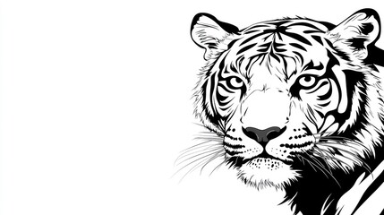 Fototapeta premium Intense close-up portrait of a majestic tiger showcasing its piercing gaze against a minimalist white background